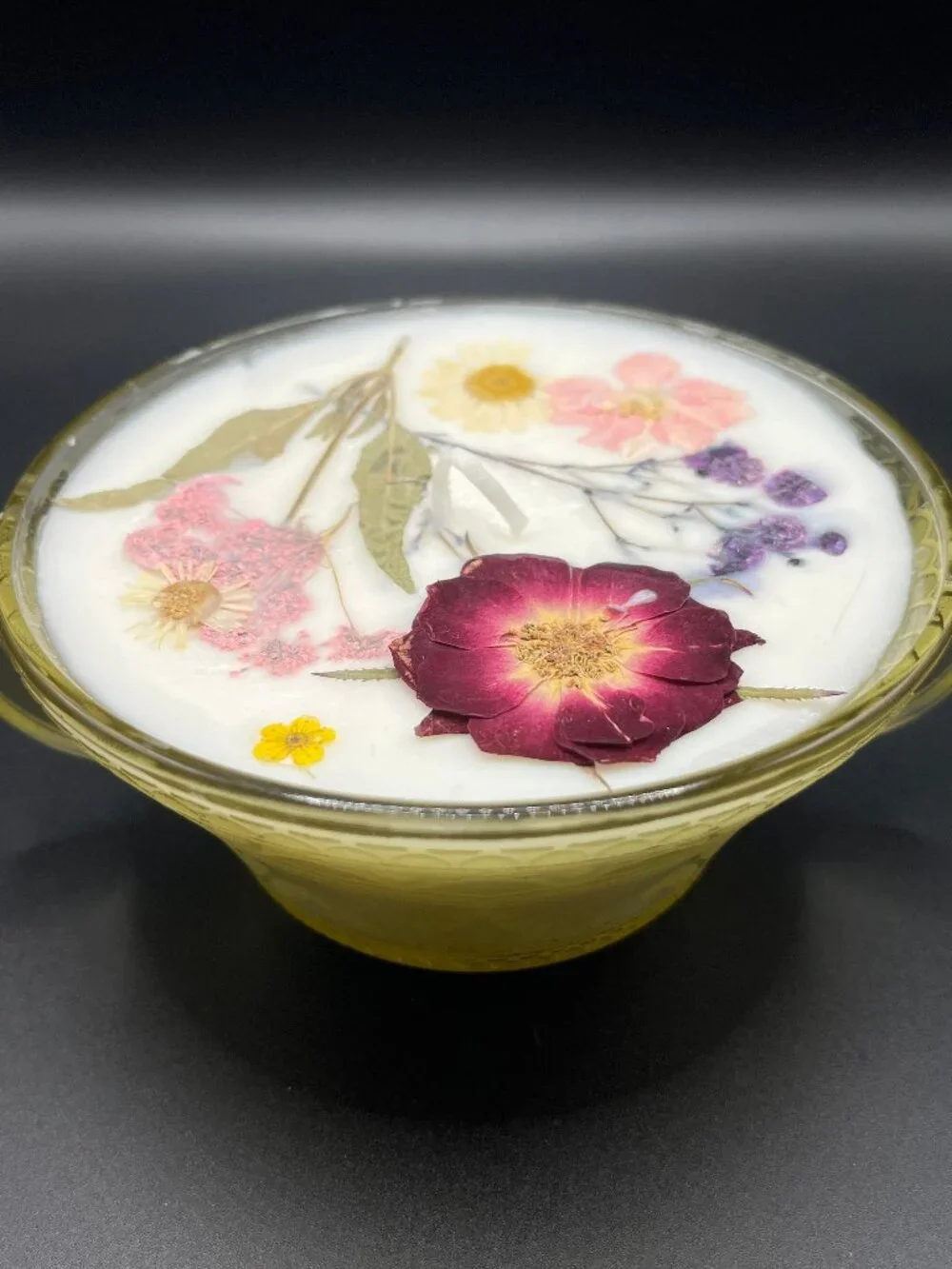 Golden Amber Floral Soy Candle in Vintage Double-Handled Glass Bowl